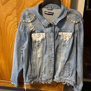 Handsewn rhinestone pearl and lace Jean jacket